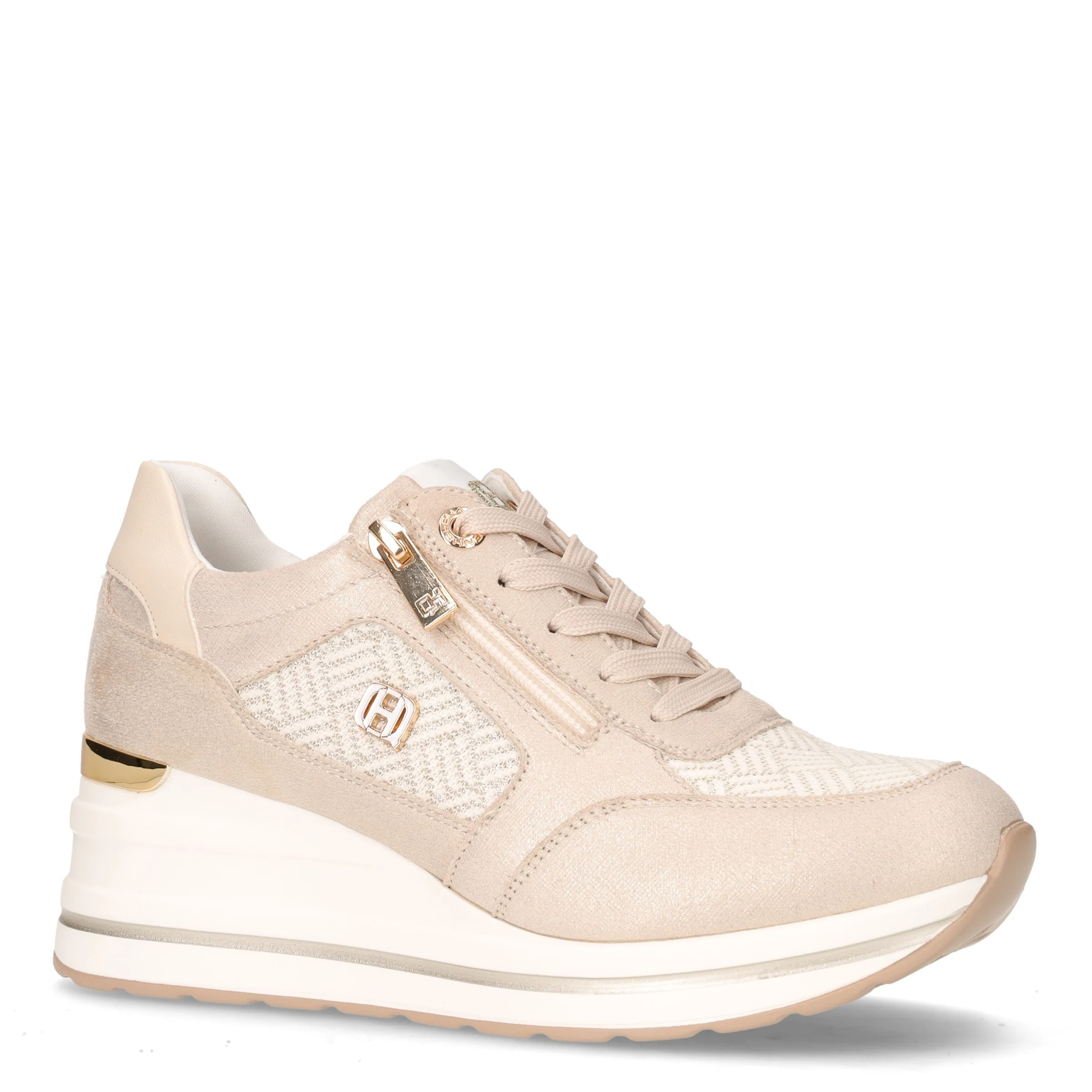 Sneaker con zeppa in ecopelle beige - Image 2